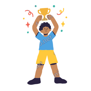 Yousef lifts a small golden trophy cup high in both hands.
