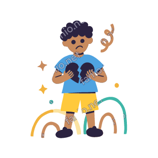 Yousef holds a broken heart split in two halves, one in each hand, with a worried face.