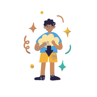 Yousef holds a big cloud in both hands with a down arrow below it.