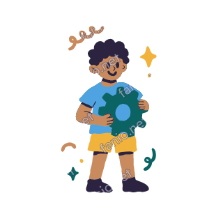 Yousef holds a big teal gear wheel in both hands, smiling.
