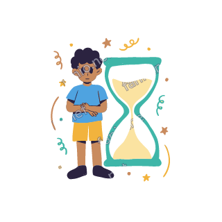 Yousef stands next to a big hourglass and waits patiently with his hands folded.