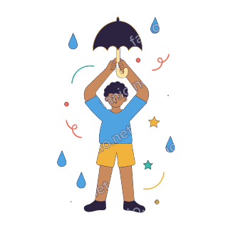 Yousef holds a small dark umbrella over his head in the rain, with a few raindrops around.